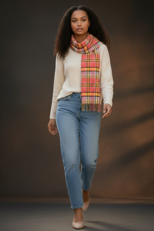 Lobster, Yellow, Apple & Wedgewood Check Cashmere Scarf - The Yorkshire Scarf Company