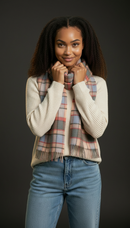 Classic Plaid Pink, Blue & Grey Brushed Cashmere Scarf