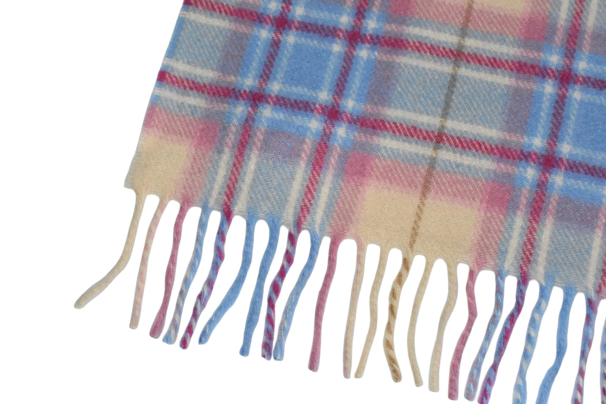 Frothy Pink, Blue & Buff Check Cashmere Scarf - The Yorkshire Scarf Company