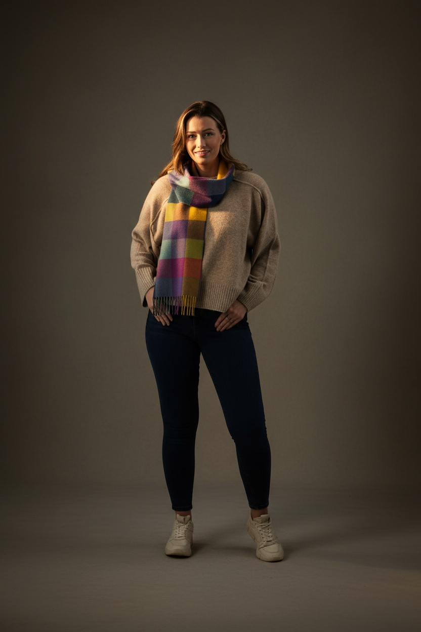 Colourful Block Check Pattern Cashmere Scarf