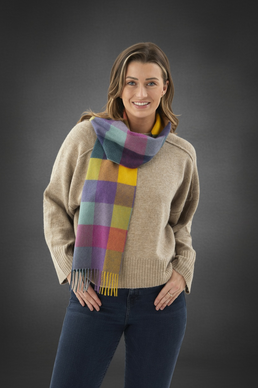 Colourful Block Check Pattern Cashmere Scarf