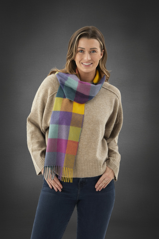Colourful Block Check Pattern Cashmere Scarf