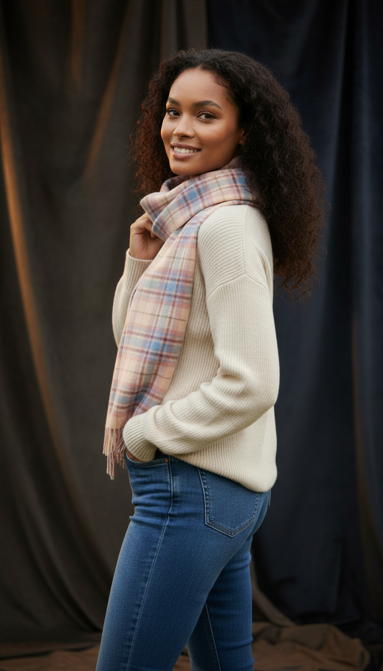 Frothy Pink, Blue & Buff Check Cashmere Scarf