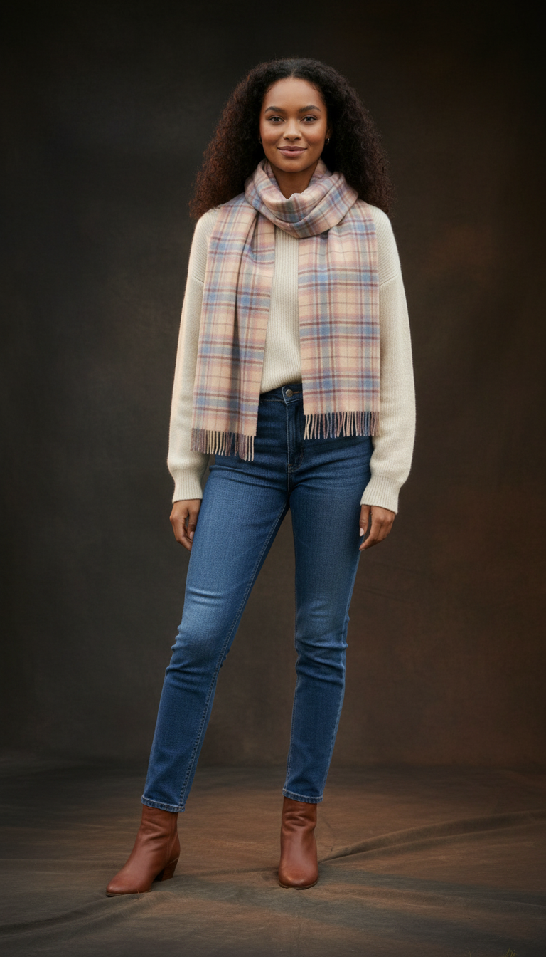 Frothy Pink, Blue & Buff Check Cashmere Scarf