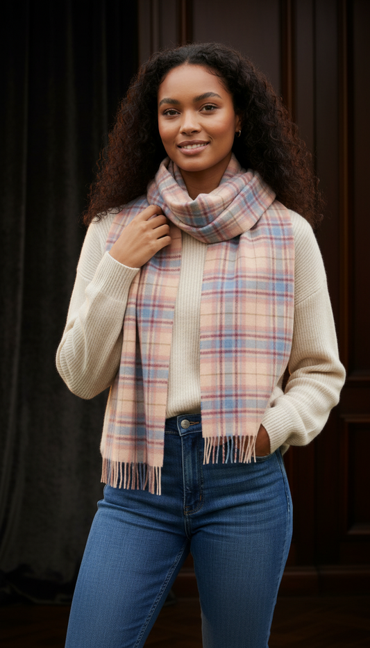 Frothy Pink, Blue & Buff Check Cashmere Scarf