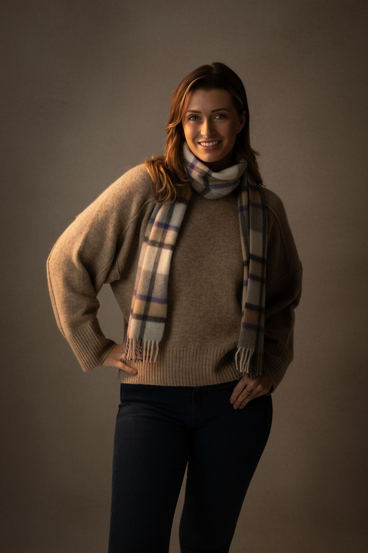 Grey, Purple and Camel Plaid Cashmere Scarf