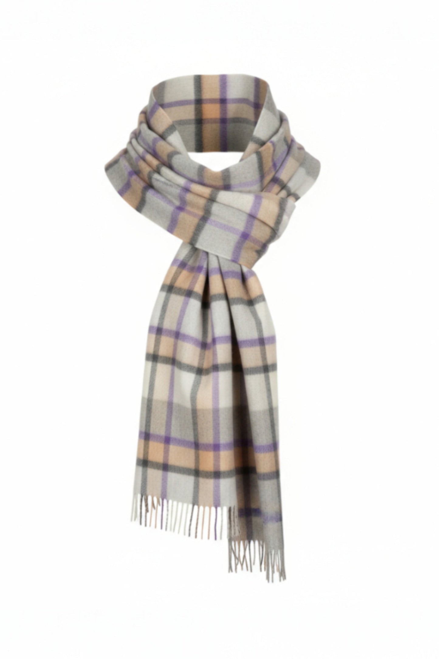 Grey, Purple and Camel Plaid Cashmere Scarf