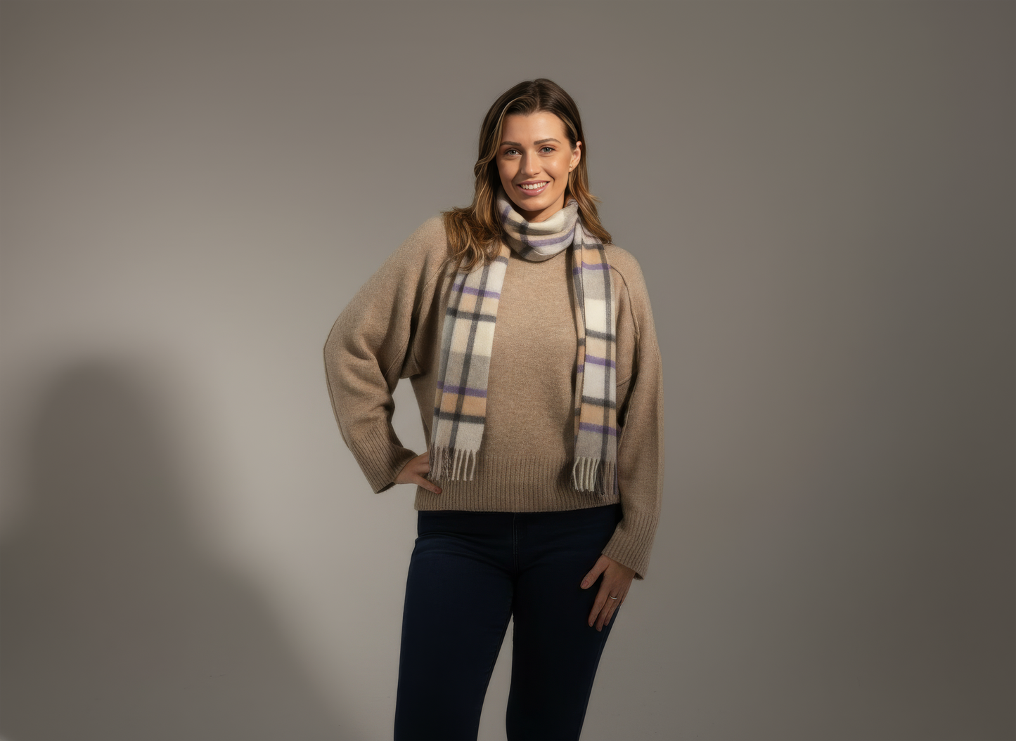 Grey, Purple and Camel Plaid Cashmere Scarf