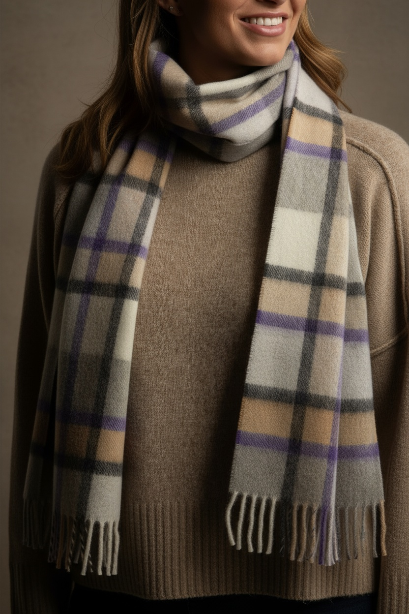 Grey, Purple and Camel Plaid Cashmere Scarf