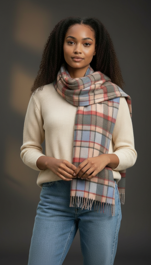 Classic Plaid Pink, Blue & Grey Brushed Cashmere Scarf