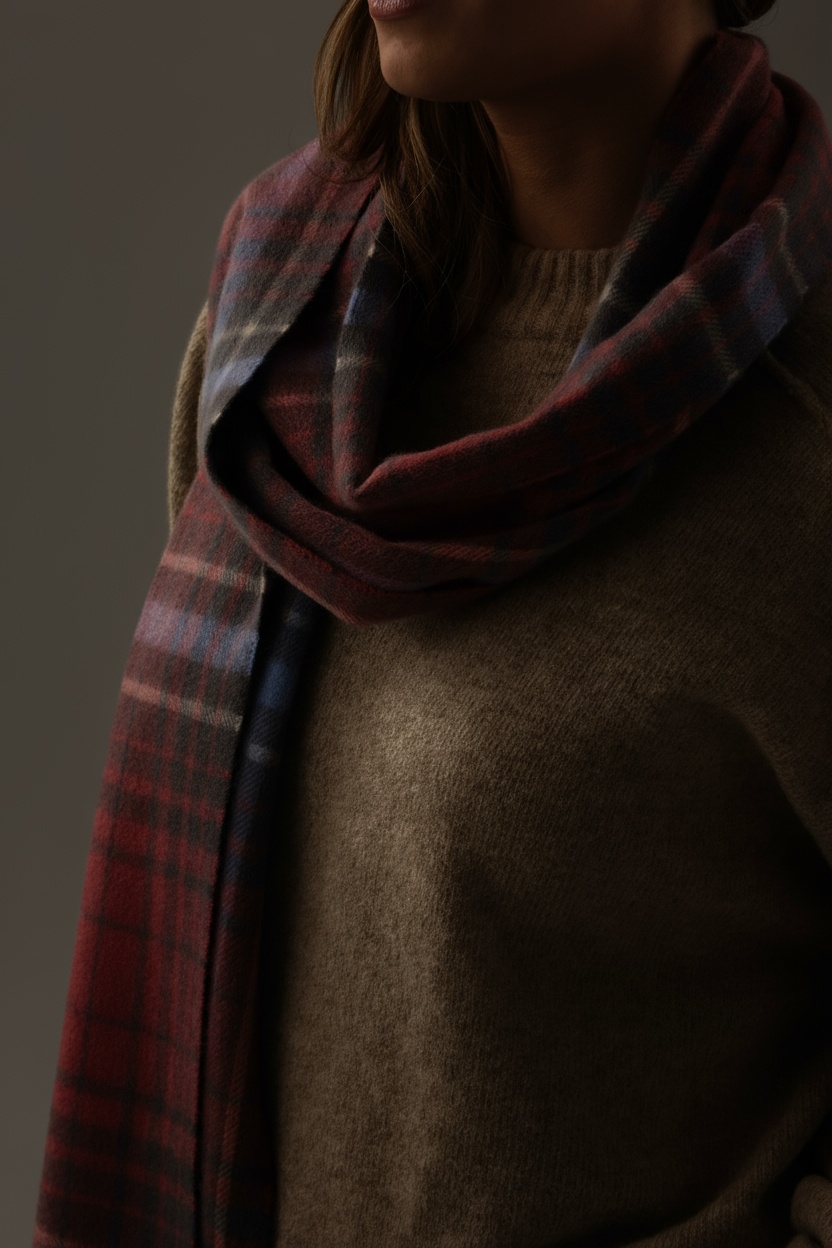 Pink and Grey Plaid Cashmere Scarf