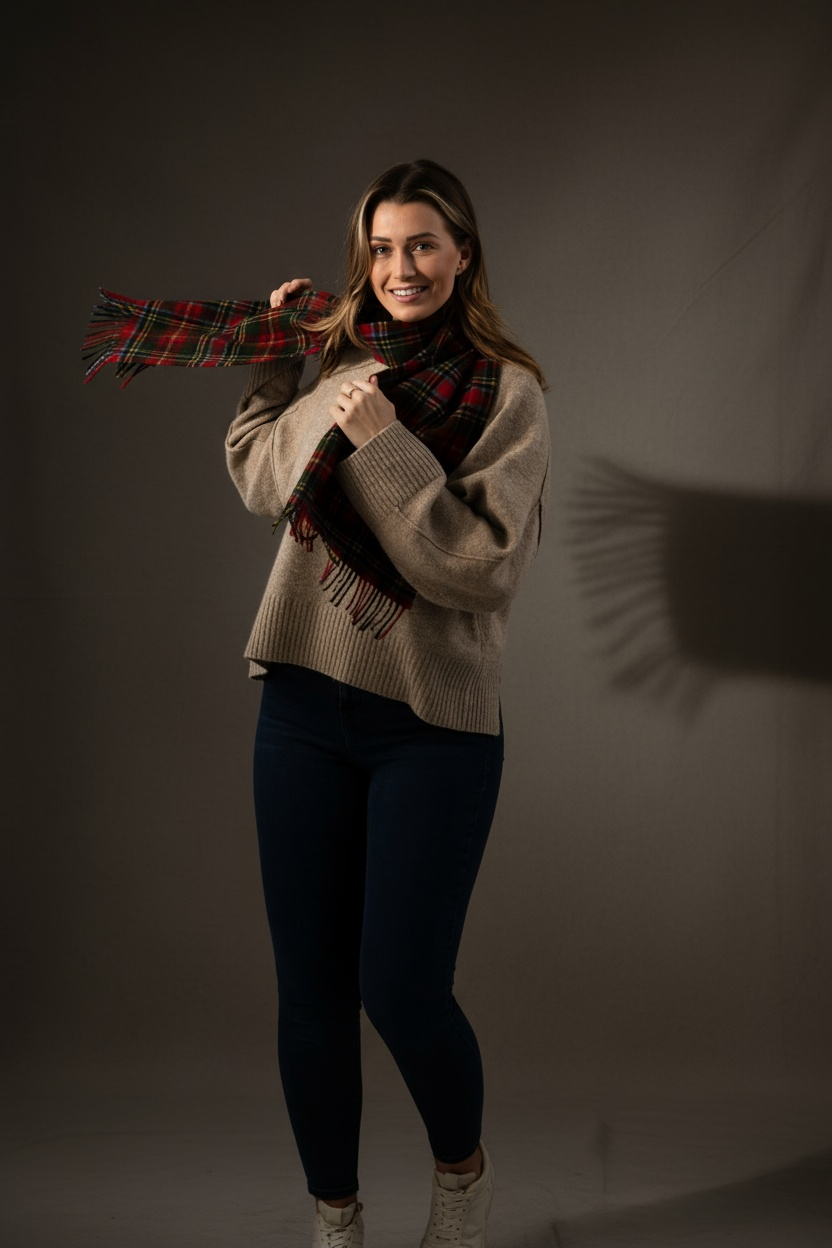 Red Check Tartan Lambswool Scarf