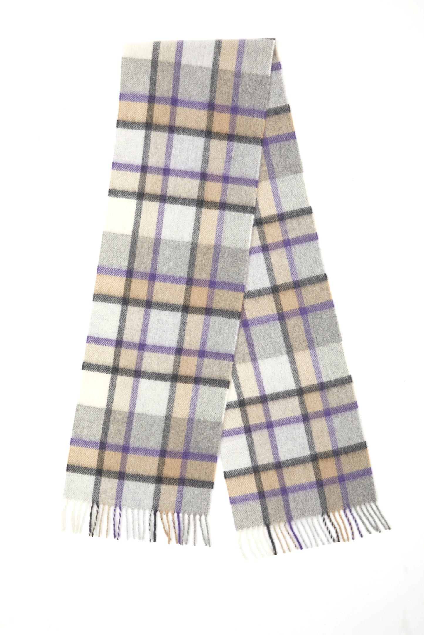 Grey, Purple and Camel Plaid Cashmere Scarf
