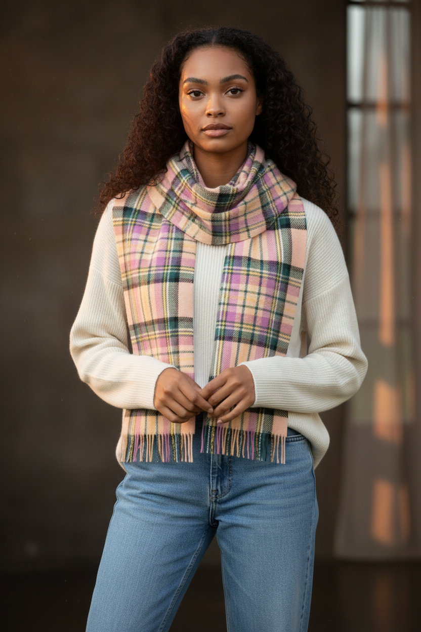 Blue, Green & Lilac Tartan lambswool Scarf