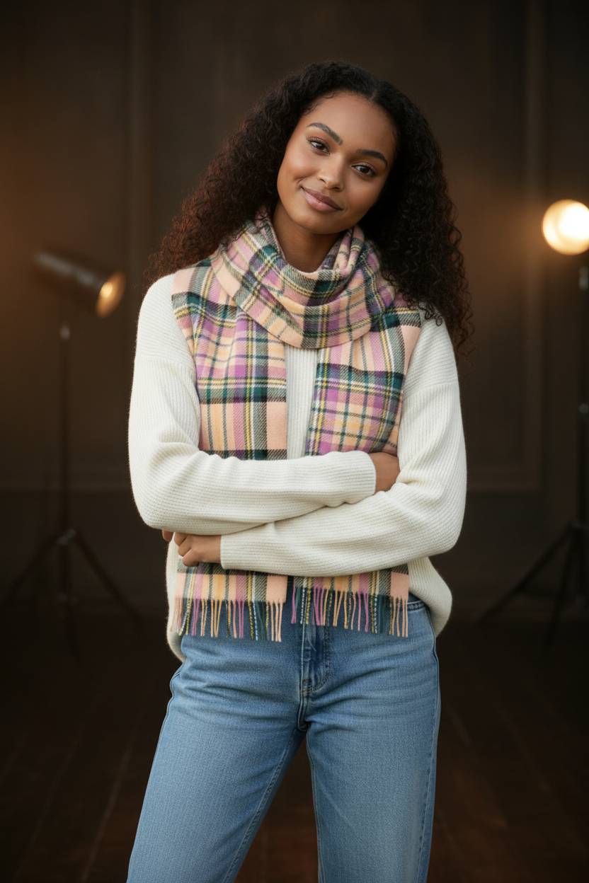 Blue, Green & Lilac Tartan lambswool Scarf