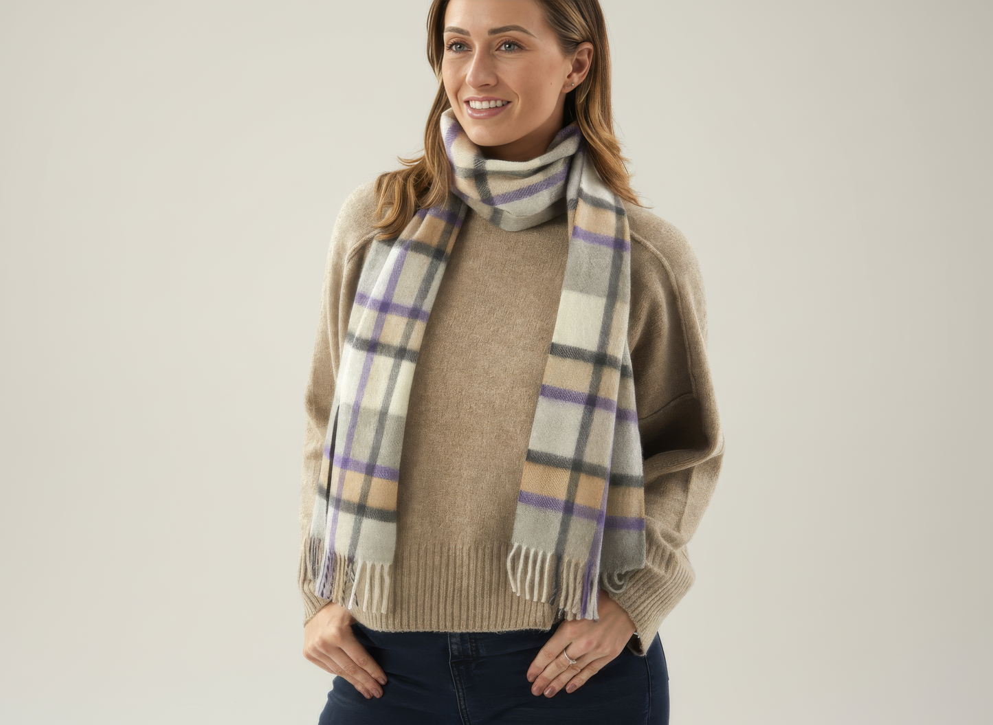 Grey, Purple and Camel Plaid Cashmere Scarf