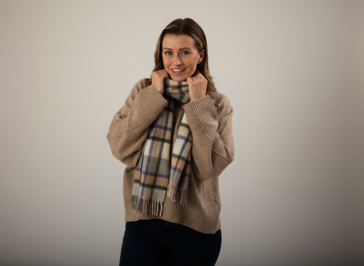 Grey, Purple and Camel Plaid Cashmere Scarf