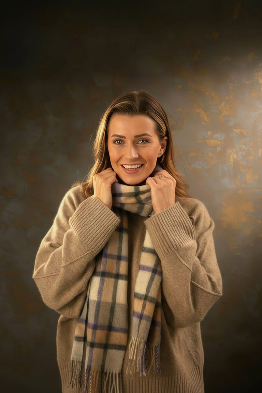 Écharpe en cachemire à carreaux gris, violet et camel