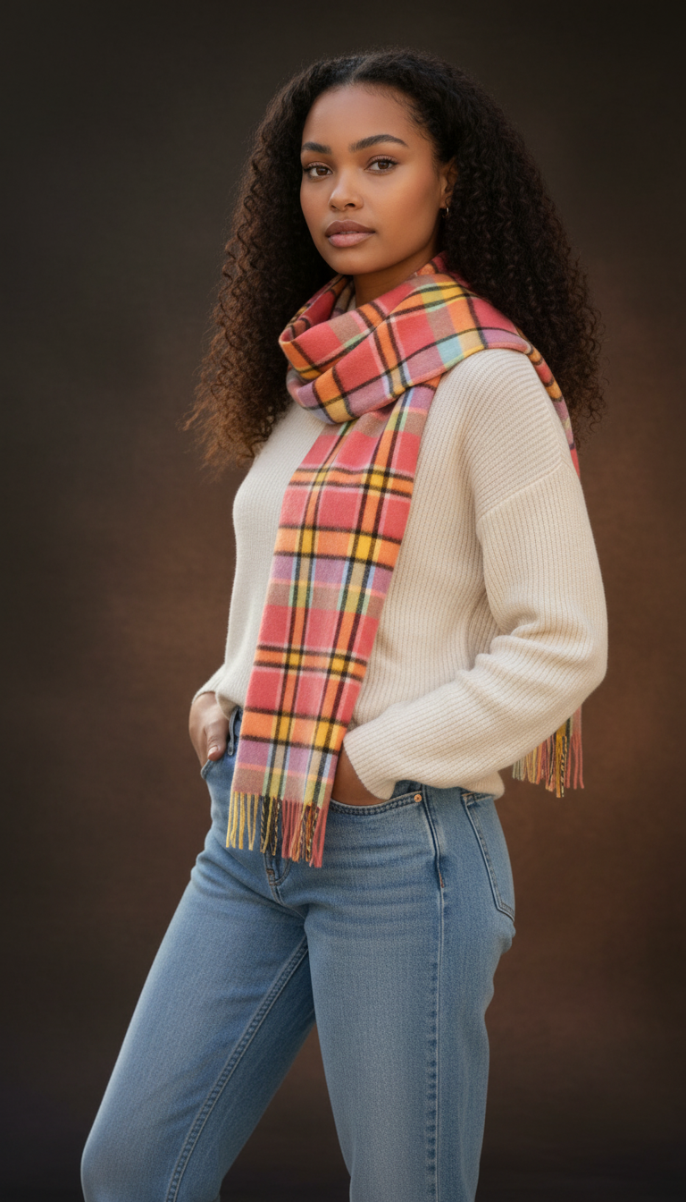 Lobster, Yellow, Apple & Wedgewood Check Cashmere Scarf