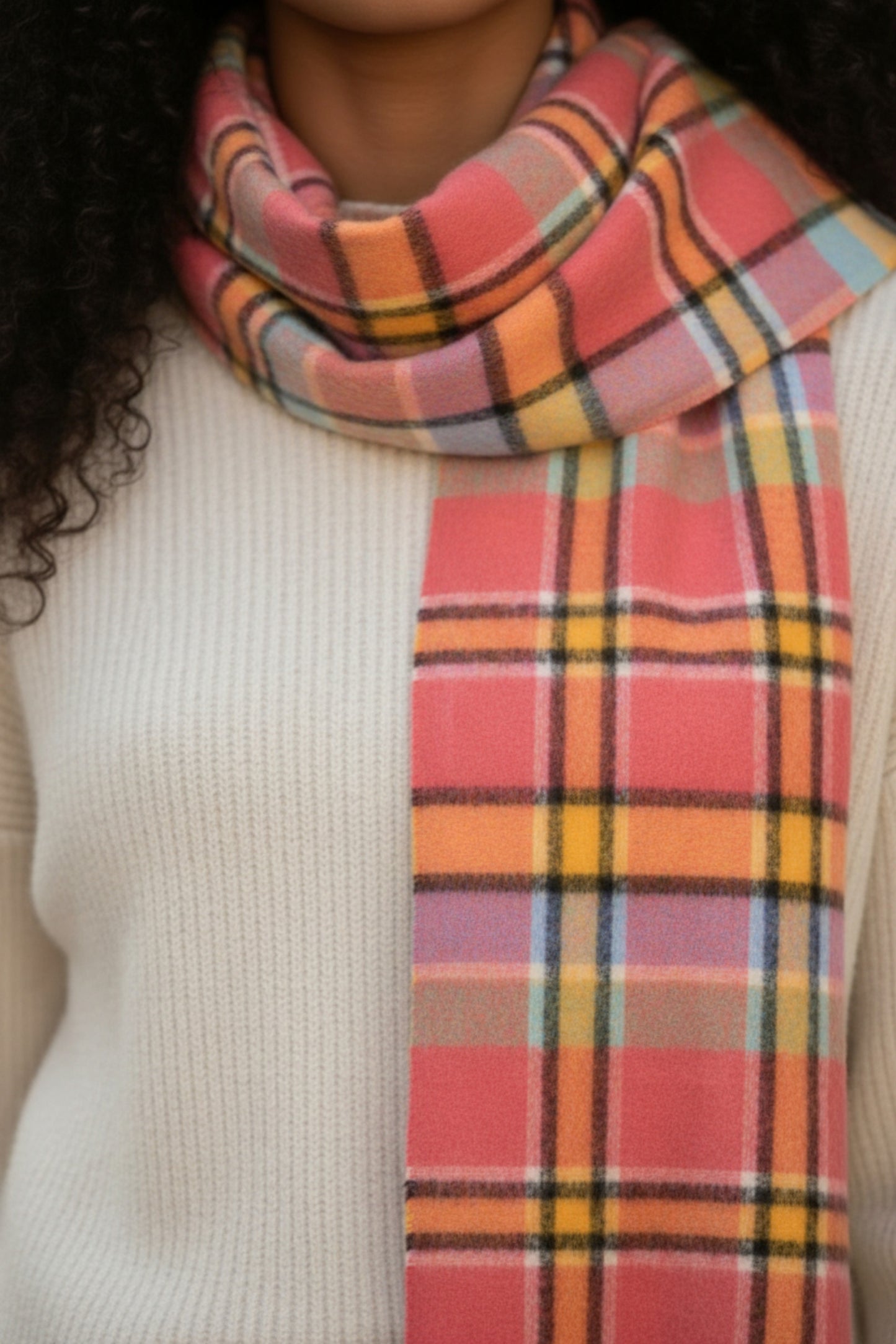 Lobster, Yellow, Apple & Wedgewood Check Cashmere Scarf